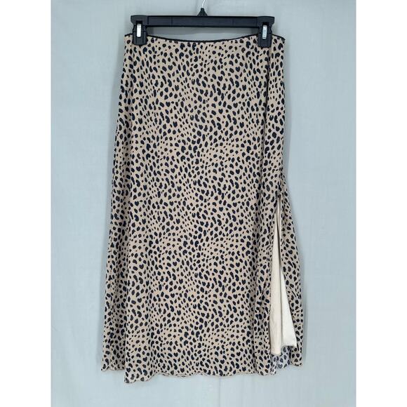 Kirious Skirt Womens Large Beige Cheetah Animal Print Midi Stretch Slit Black - Picture 4 of 6